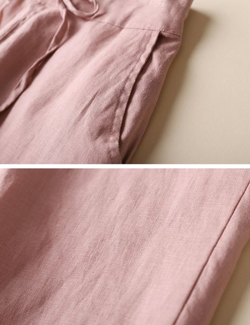 IXIMO Women's Tapered Pants 100% Linen Drawstring Back Elastic Waist Pants Trousers with Pockets Pink Large - Image 4